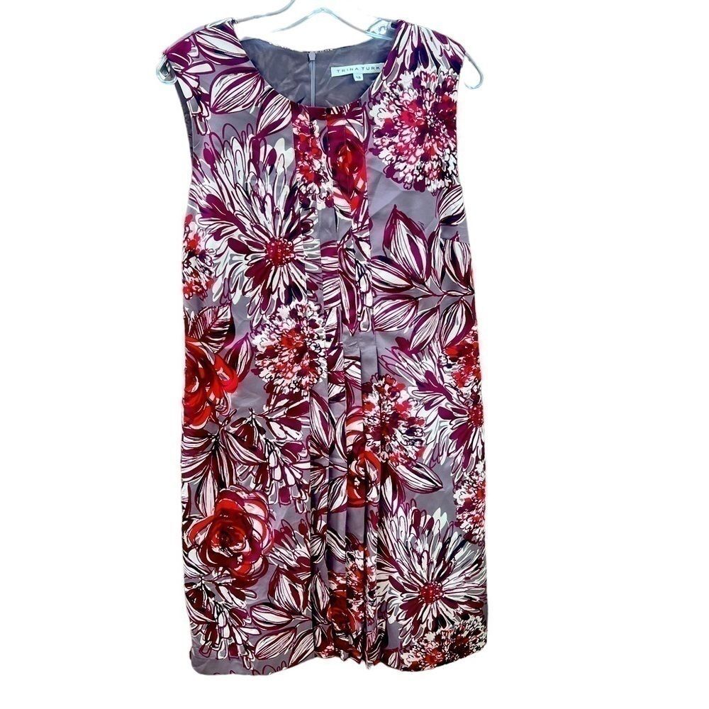 Trina Turk Shift Mini Sleeveless Dress Red Gray Floral US 14 Preppy Career